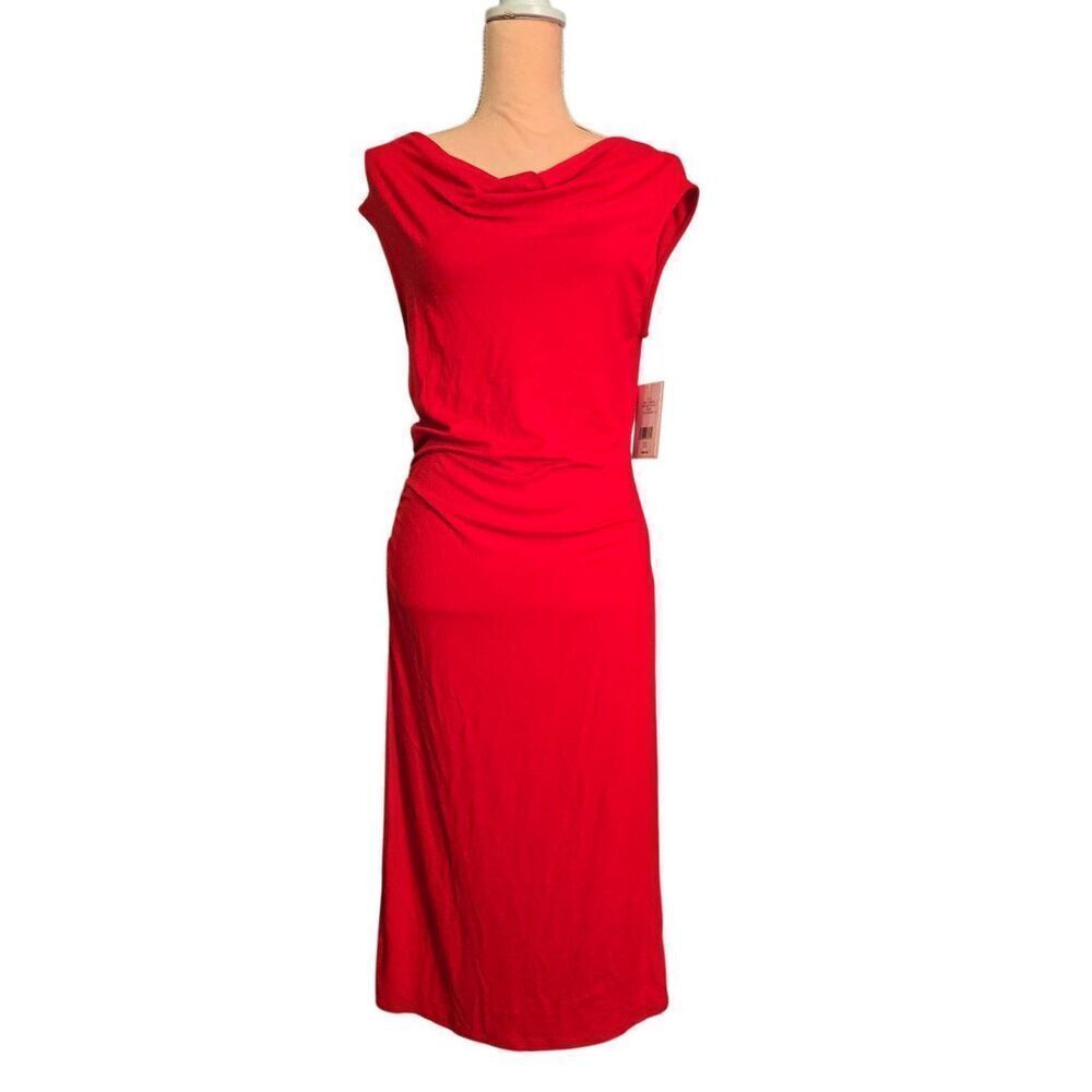 Halston Ruched Drape Neck Midi Dress
